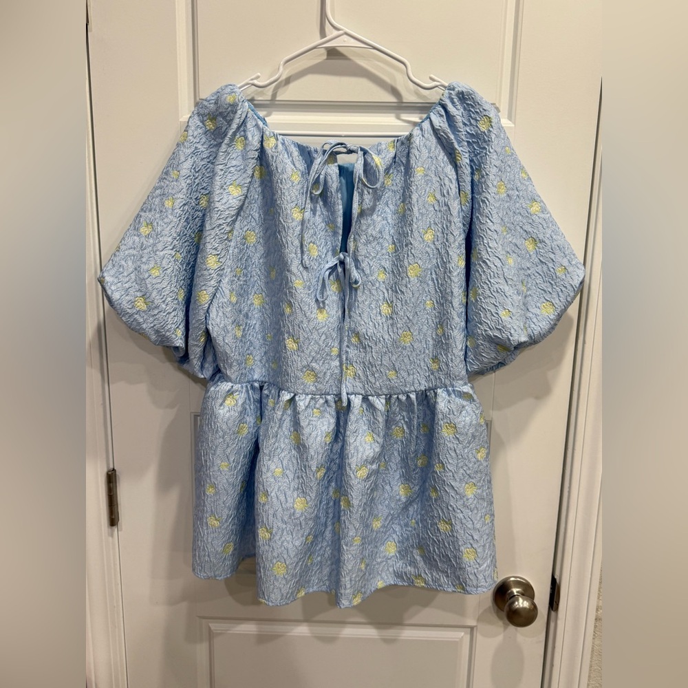 Anthropologie English Factory Jacquard Puff-Sleeve Babydoll Blouse Large - Picture 4 of 6